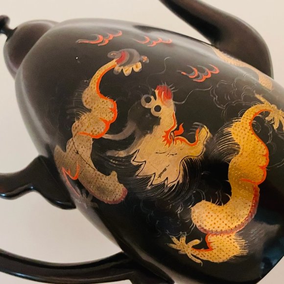 Shin Shao An Saeukee Foochow China Gold Dragon Ware Black Lacquer Teapot - Picture 2 of 12